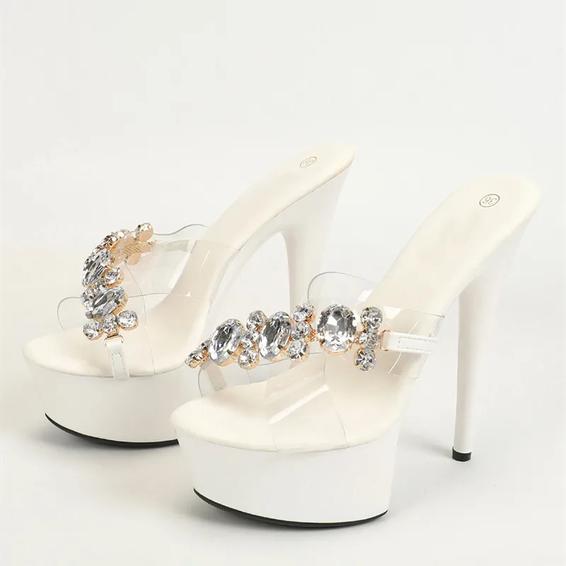 Liyke Summer Ultra High Platform Slipper Women Pink Dia Chain Designer Shoes Sexy Open Toe Stripper Heels Transparent Sandal