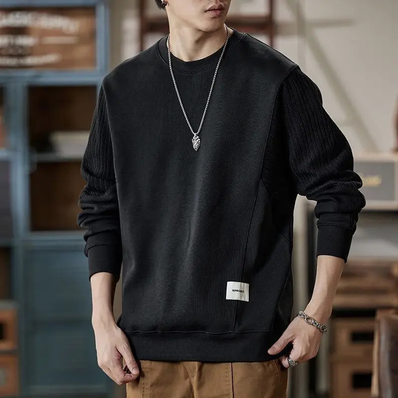 Mens Clothing Trendy Appliques Patchwork Simple Casual Sweatshirt Y2K Streetwear Round Neck Long Sleeve Loose Pullover Hoodies 241217