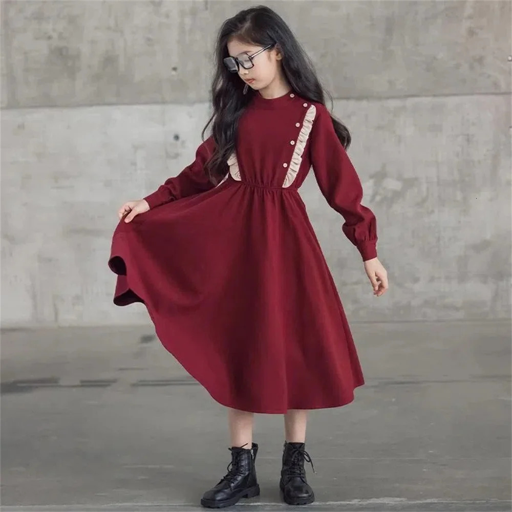 autumn winter College style Kids Baby girl clothes red long sleeve Dresses teenager preppy lace Sweet dresses 6-14Y 241219
