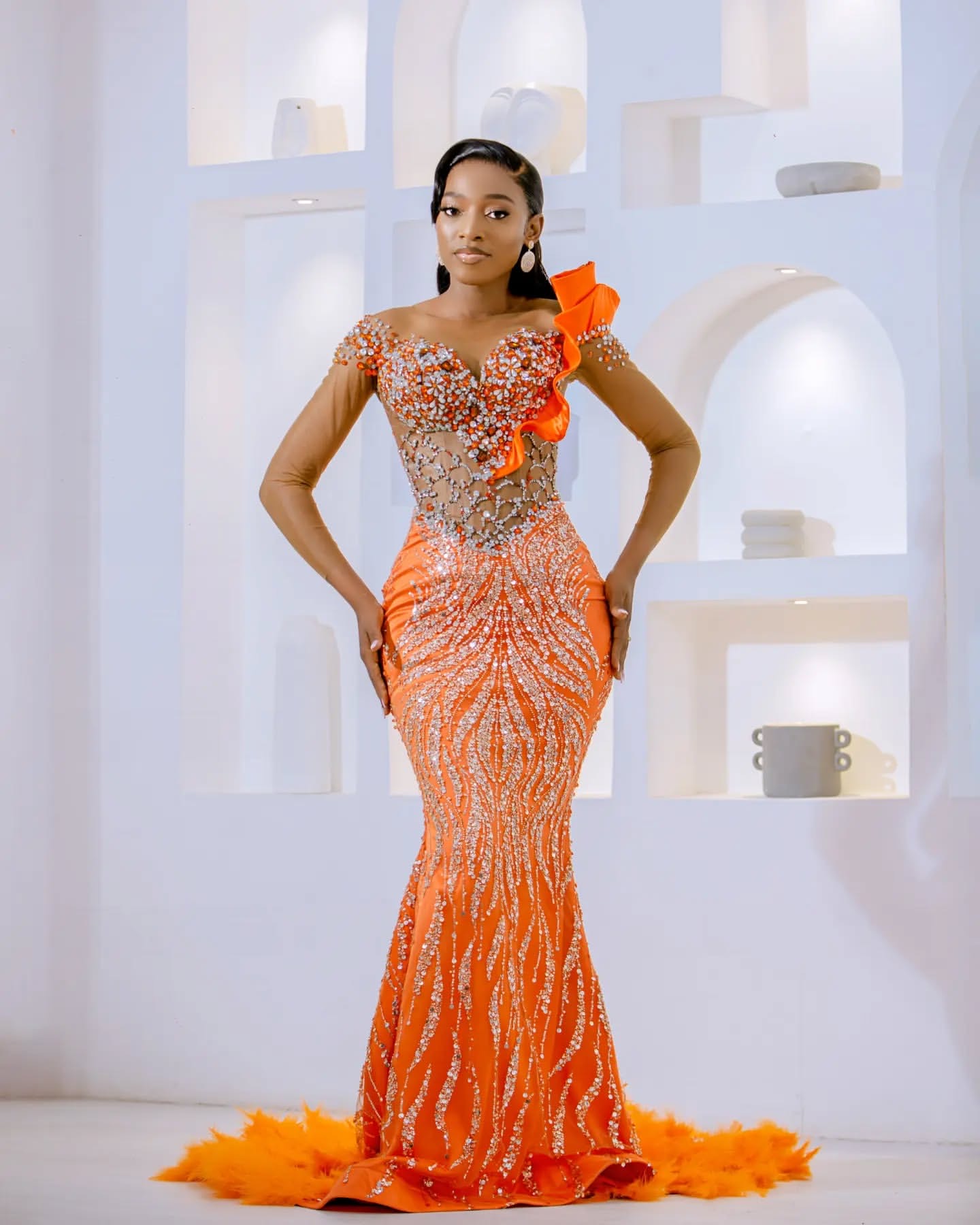 Mermaid Orange Prom Dresses Rhies Beaded Sequined Evening Formal Party Second Birthday Engagement Gowns Plus Size Dress For Special Ocns D