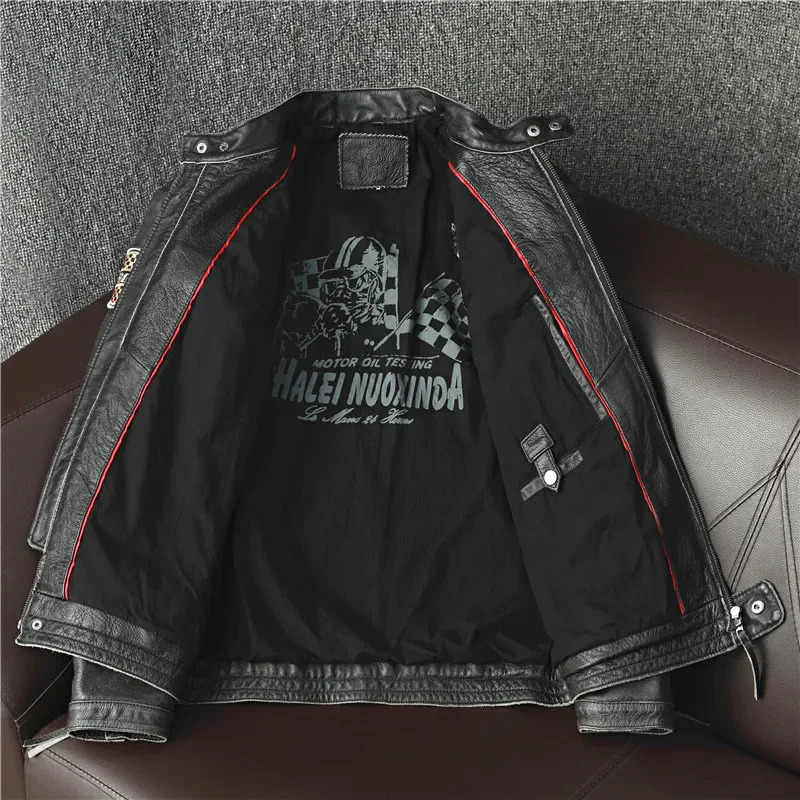 Free delivery motorcycle trendy retro mens highquality leather jacket slim fit 100 natural cowhide genuine 241211