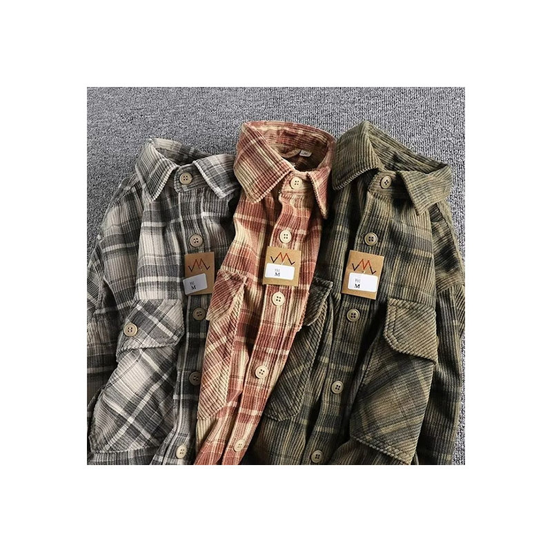 Cross-border American clicker retro spring and fall men's classic plaid long-sleeved shirt washed corduroy comfortable literary tide m045