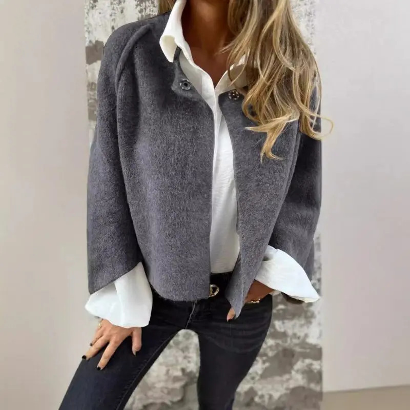Womens Wool Blend Short Coat Autumn Winter Loose Long Sleeved Solid Color Jacket 241216