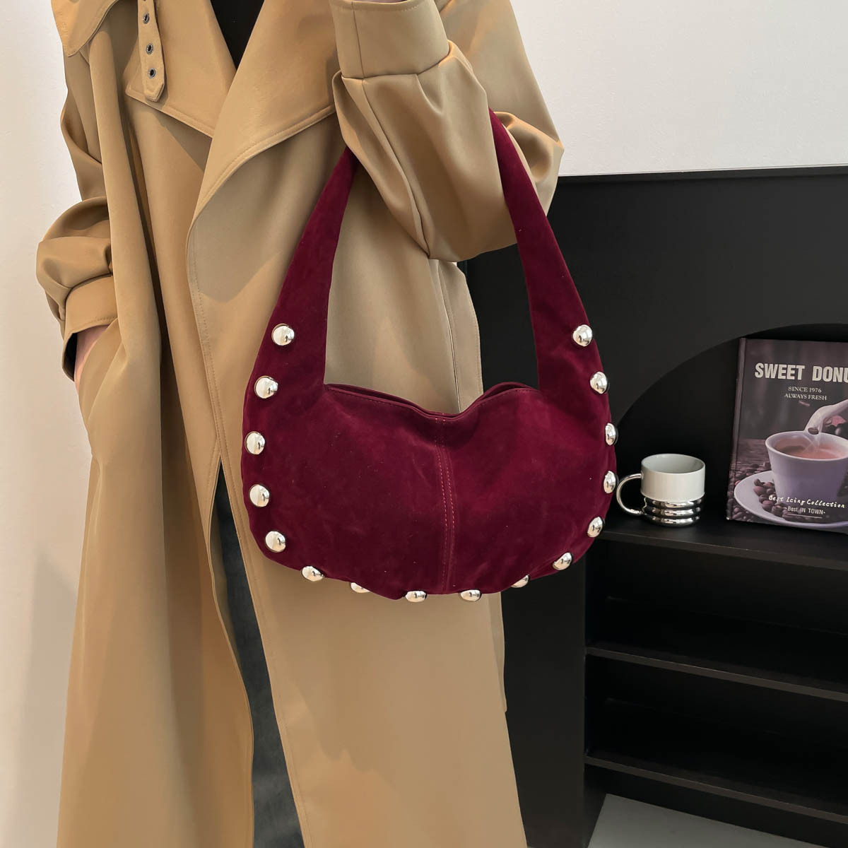 Shoulder Handbag for Women Fashion Shoulder Bag Small Underarm Purse Mini Clutch Design Shoulder Underarm Willow Nail Handbag Suede Fashionable Women 