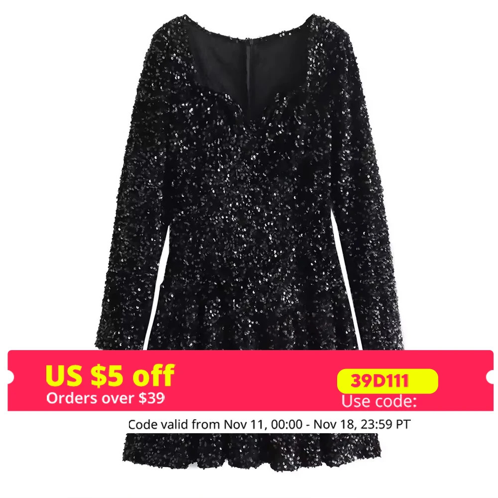 Oligai Autumn Year Party Dresses Arrivals Mini Black Sequin Dress Long Sleeve Velvet Bodycon Dress Womens Clothing 241216