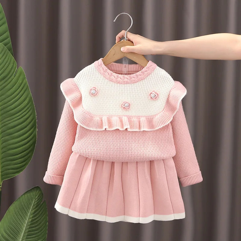 Autumn Winter Toddler Girls Clothes Set 3D Flower Lace Kids Girls Sweater Color Contrast Knitted 1-6Y Girls Pleated Skirt Outfit 241219