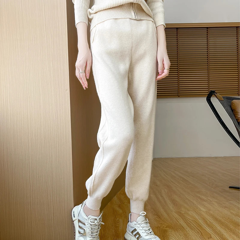 100% Merino Pure Wool Womens AutumnWinter Elastic Leg Binding Solid Color Loose And Warm Versatile Knitted Casual Pants Z260314