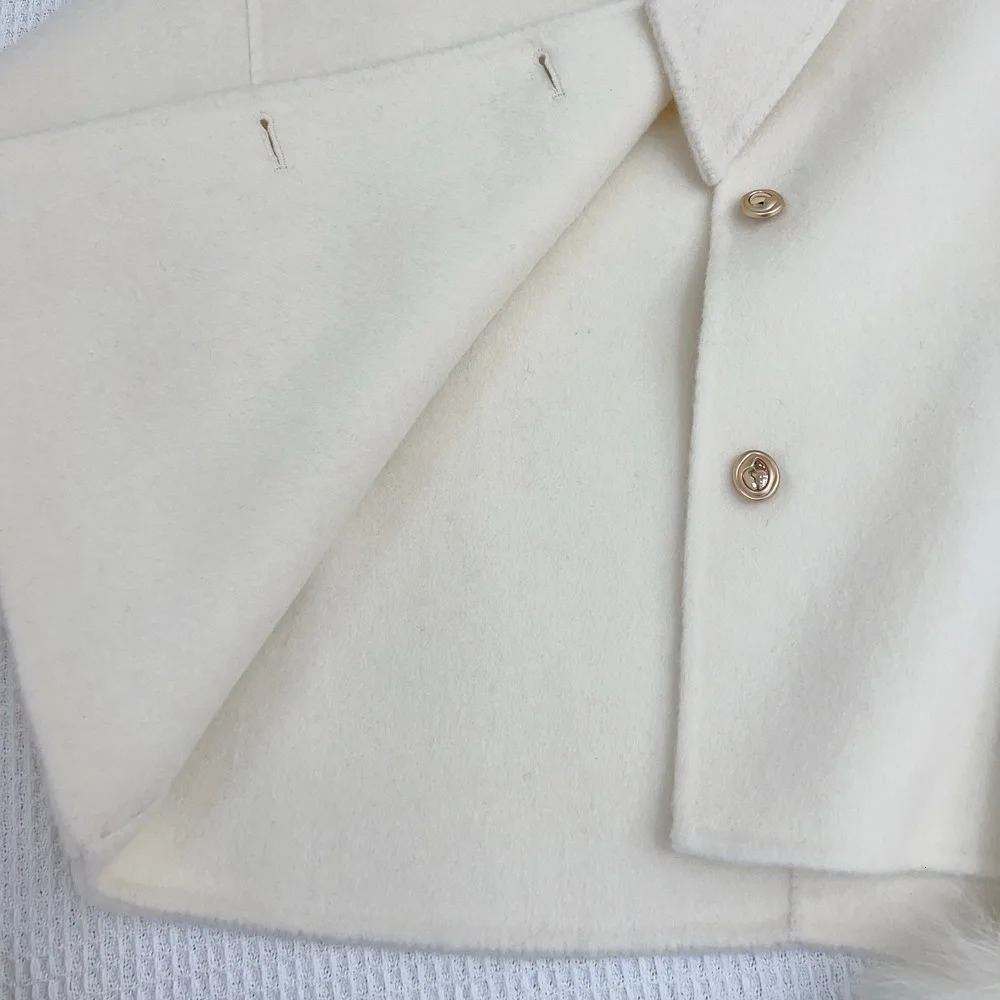 Wool Coat Ladies Winter Real Natural Fox Fur Cuff Outwear Female Cashmere Woolen Women y Jacket 241216