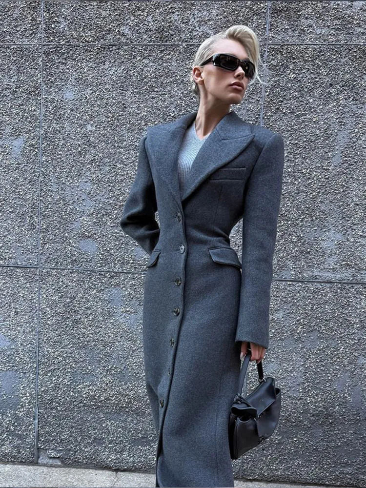 Chic Grey Single Breasted Full Sleeve Wool Jackets Womens Casual Slim Fit Lapel Pockets Coat Female High Street Outerwears 241216