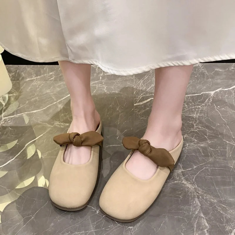 Fashion Bowknot Pearl Flat Bottom Baotou Half Slippers Women 2024 Summer Shallow Mouth Mary Jane Single Shoes Casual Slides 241220