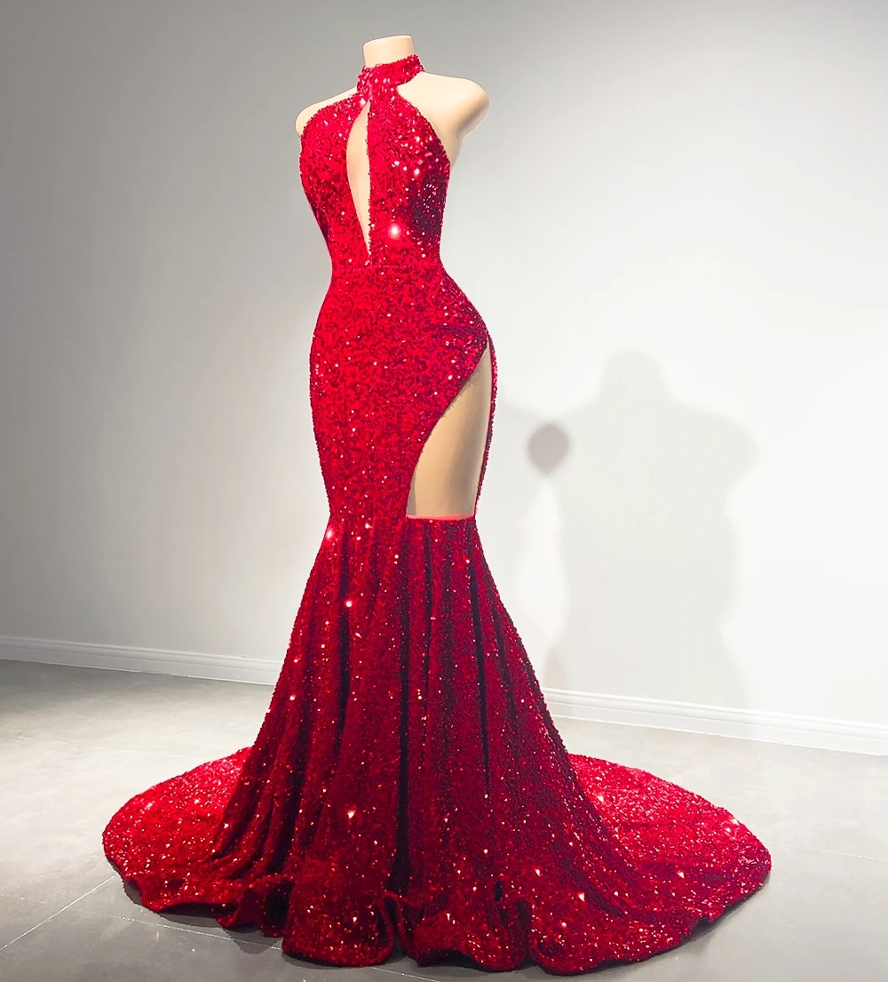 Red Sexy Mermaid Prom Dresses High Neck Sparkly Sequin Birthday Party Club Gowns Evening Formal Dress Black Girls Gala Robe De Soriee