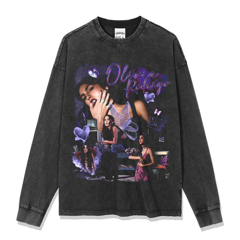 Hip hop Olivia Rodrigo printed short sleeved T-shirt, loose washed round neck hooded sweatshirt