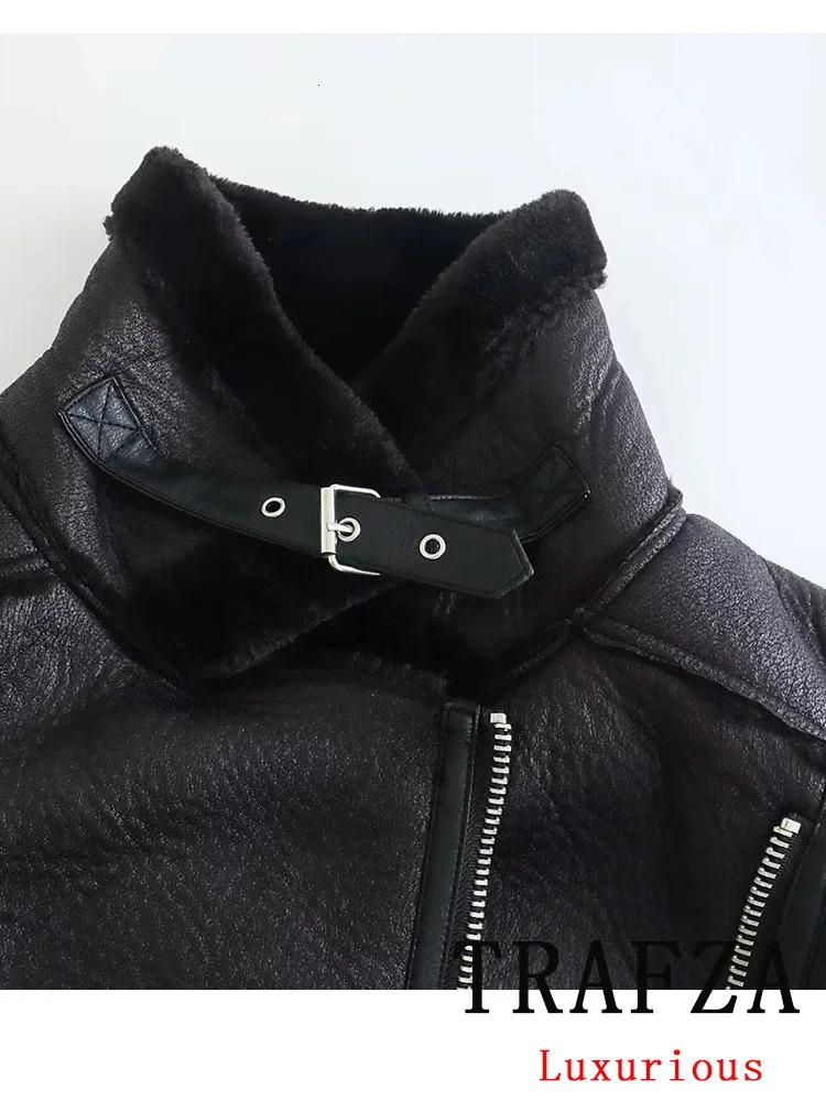TRAFZA Vintage Casual Chic Women Leather Fur Jackets Solid Zipper Belt Thick Coat Fashion Autumn Winter Warm Office Outwear 241220