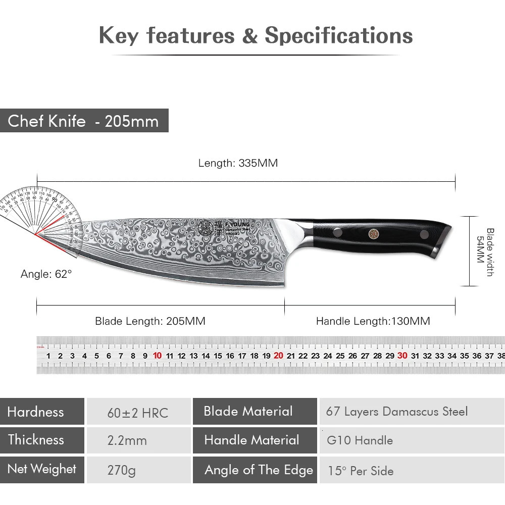 F. Young 8-inch professional chef knife Japanese 67 layer Damascus steel VG10 core super sharp meat and vegetable kitchen knife 241220