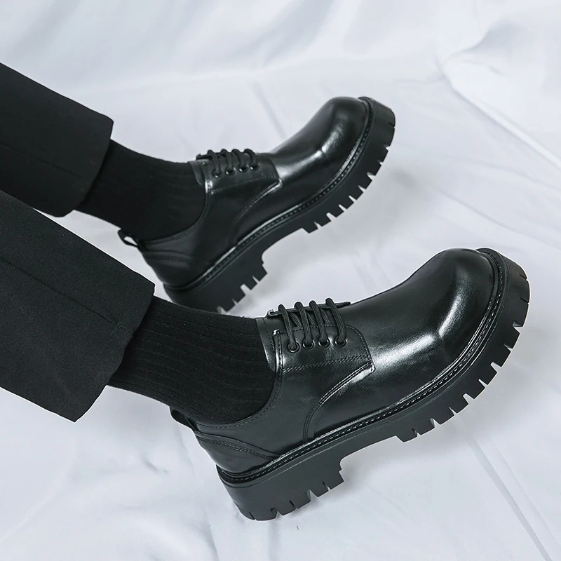 Men Platform Leather Black Shoes Dress Party Slip on Flats Stylish Fashion Loafers Casual Thick Soled Oxfords Shoes 241220