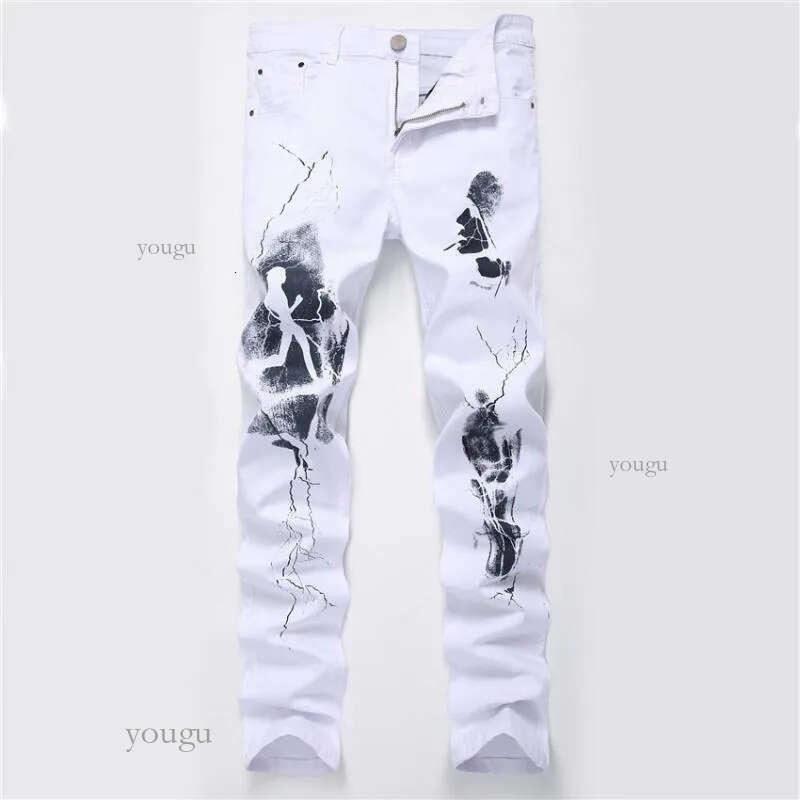 Men's White Printed Jeans Letters English Print Stretch Slim Casual Cotton Denim Pants Mens brand Hip hop Jean Trousers 2020 Hot