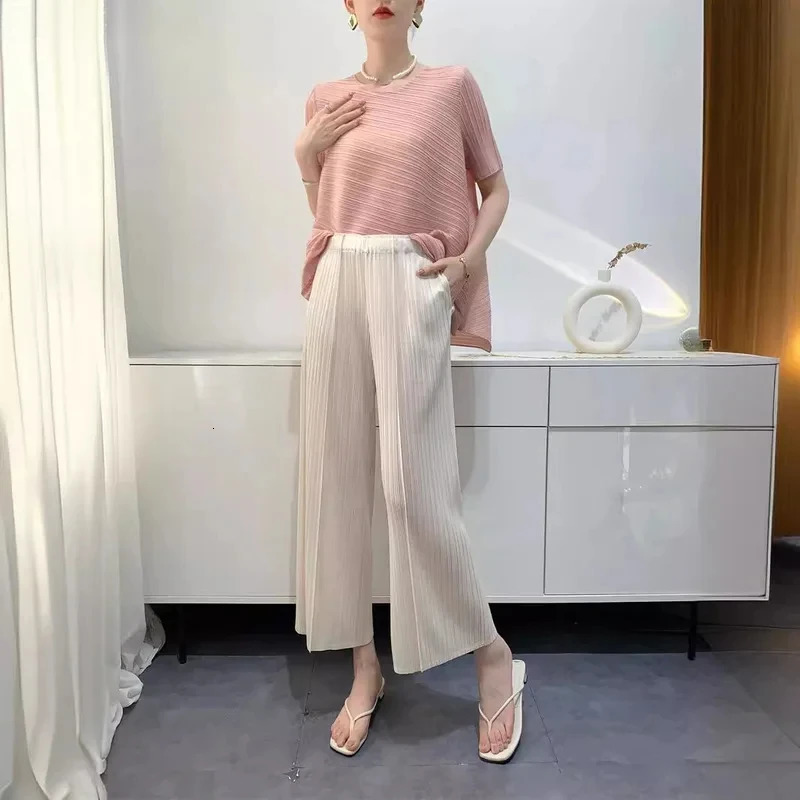 MIYAKE Highgrade Pleated Pants Women Summer Drape High Waist Ninepoint Straight Tube Comfortable Casual Versatile Cigarette 241218