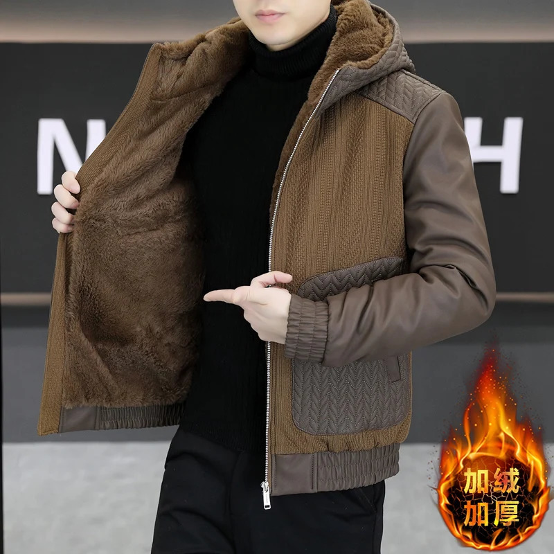 Winter Hooded Knitted Leather Jacket Men Thick Velvet Trendy Casual Leather Jacket Streetwear Social Coats Men Clothing 241216