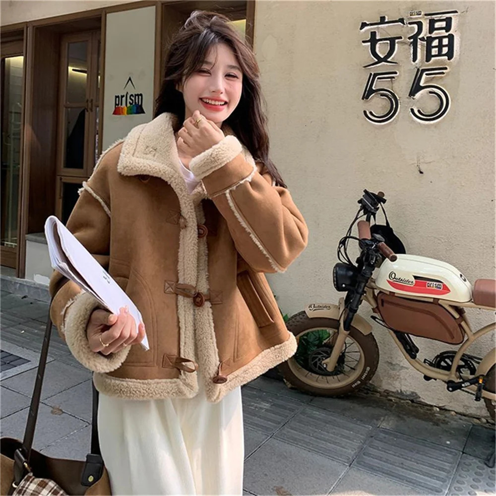 Academy Style Fashion Autumnd Lamb Fur Jacket for Womens Winter 2024 Spring Loose Thickened Deer Skin Velvet Fur Coats Pink Top 241216