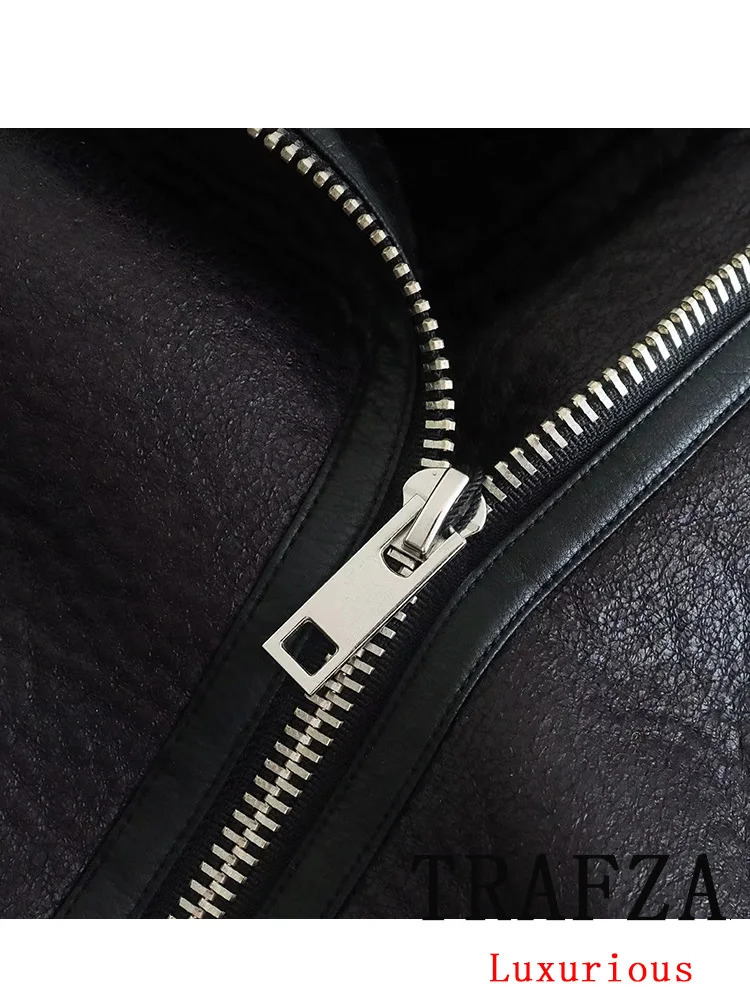 TRAFZA Vintage Casual Chic Women Leather Fur Jackets Solid Zipper Belt Thick Coat Fashion Autumn Winter Warm Office Outwear 241220
