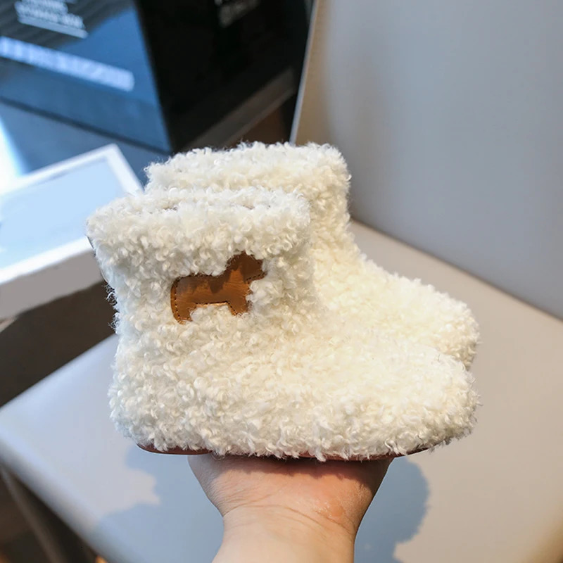 Cute Animal Patchwork Lambswool Boots For Kids Winter Thick Curly Fur Warm Booties Boys Girls Outdoor Round Toe Cotton Shoes 241219