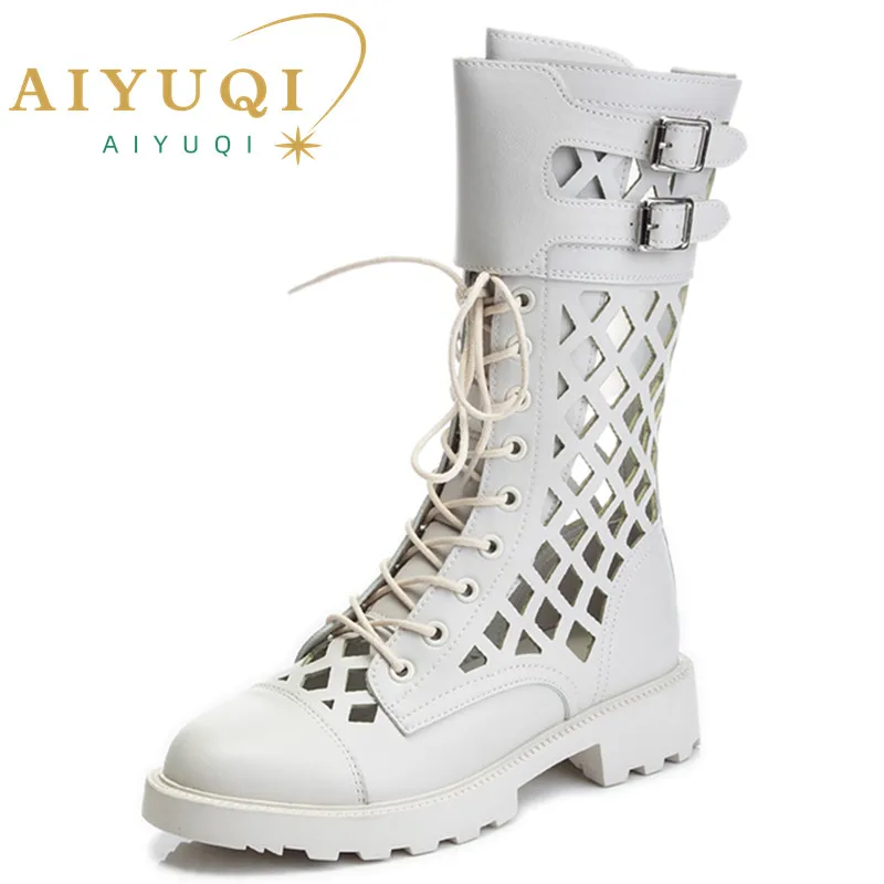AIYUQI Women's Summer Shoes Boots Hollow Fashion Large Size Marton Boots Ladies Mesh Mid-heel Cool Boots for Women