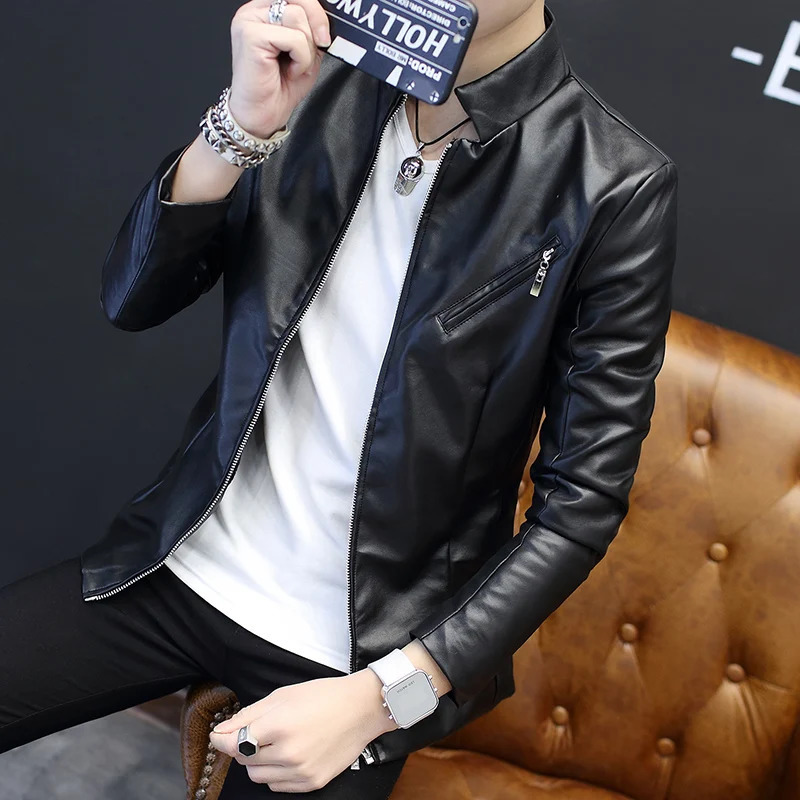 Leather Jacket Men Spring Autumn Zipper Casual Stand Collar Chamarras Para Hombre Motorcycle Slim PU Coat Streetwear Outerwear 241219