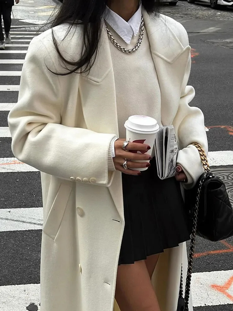 Elegant White Turndown Collar Warm Overcoat For Women Fashion Long Sleeve Buttons Pocket Coats Winter Street Outwear 241217