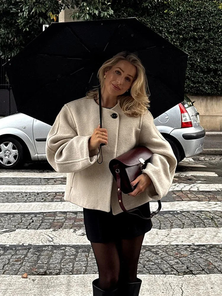 Fashion Women Solid Round Neck Woolen Short Coat Elegant Full Sleeve One Button Loose Womens Jacket Fall Winter Daily Wear 241220