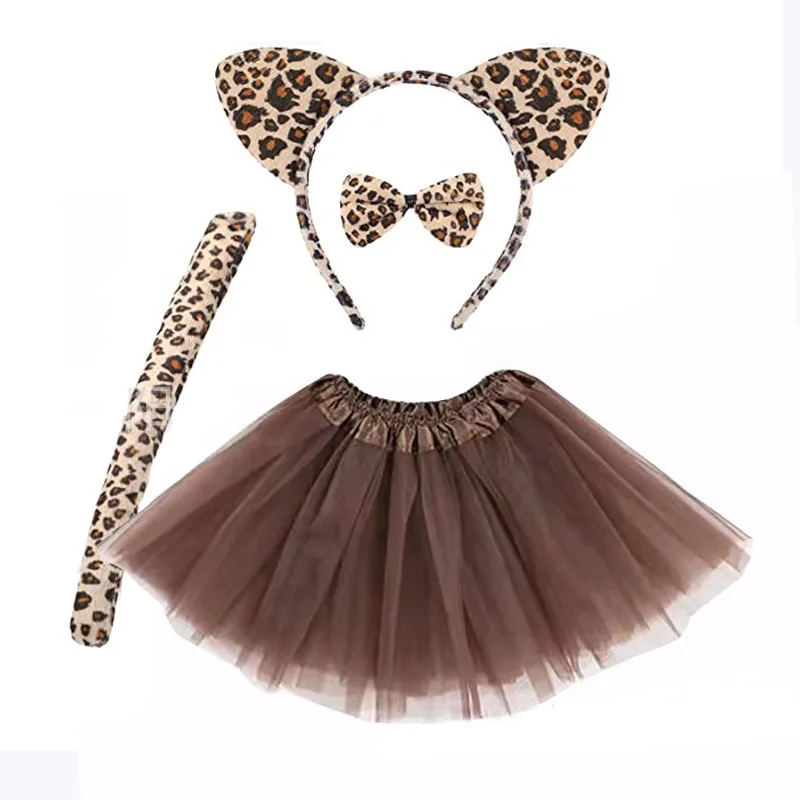 Girls Kids Women Cat Cheetah Ear Headband Tails Bow Tail Leopard Animals Set Birthday Gift Headwear Halloween Costume Christmas