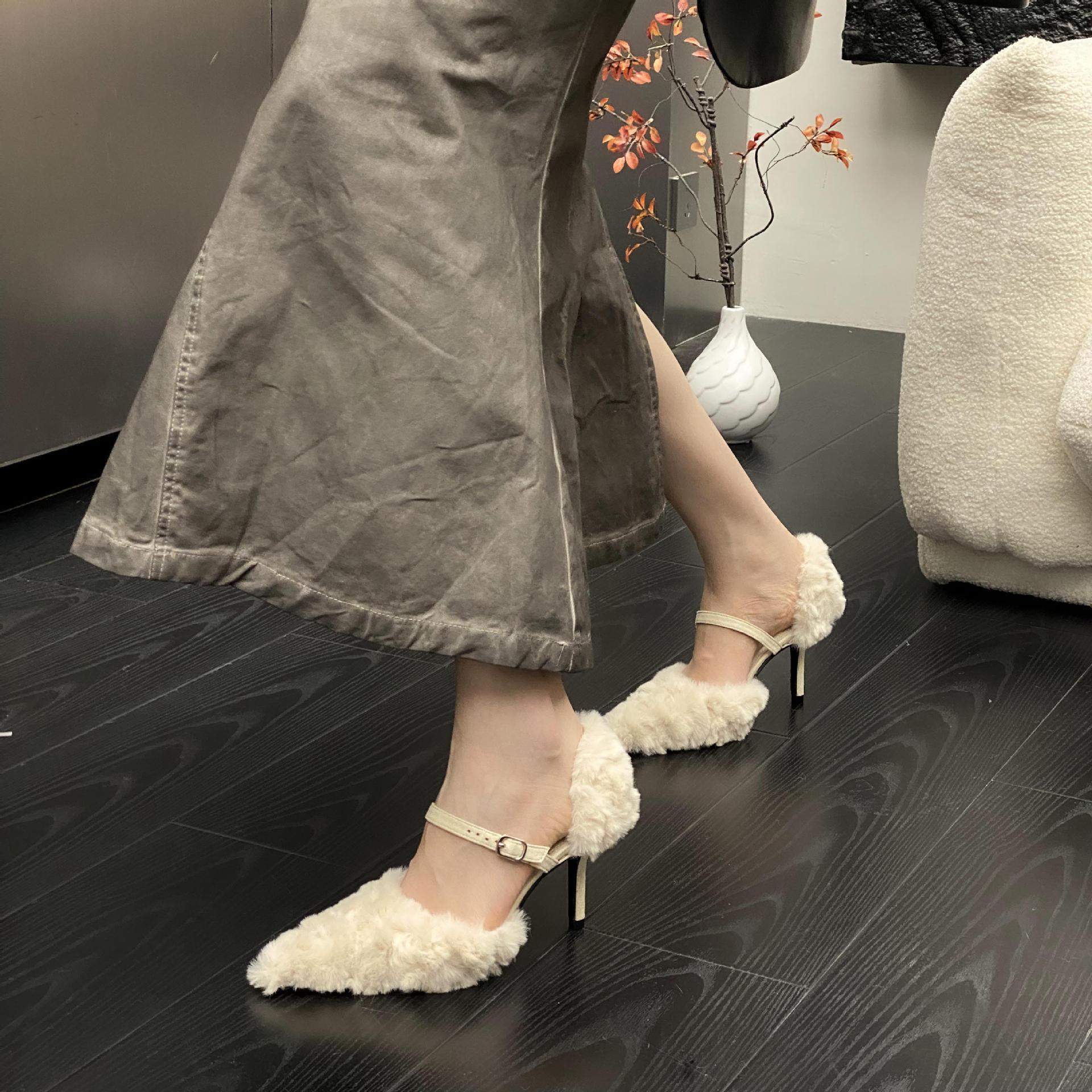 Women Dress High Heel Winter Plush Fashion Pointed Toe Sandals Buckle Designer Shoes Triple Black White Pink fashion