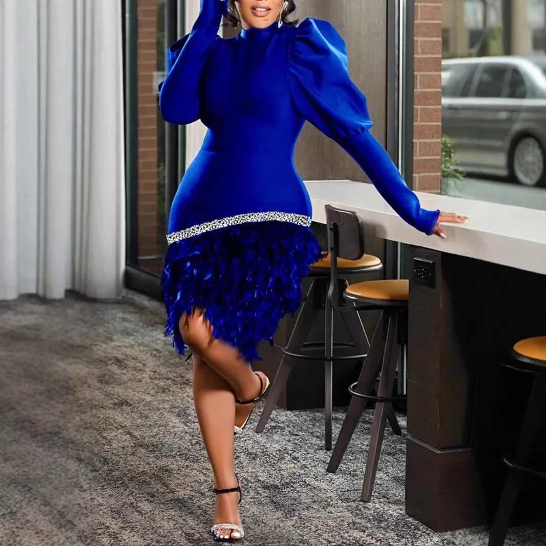 European and American fashion red lantern long-sleeved thin and tight niche feather jumpsuit mini dress for women 241216