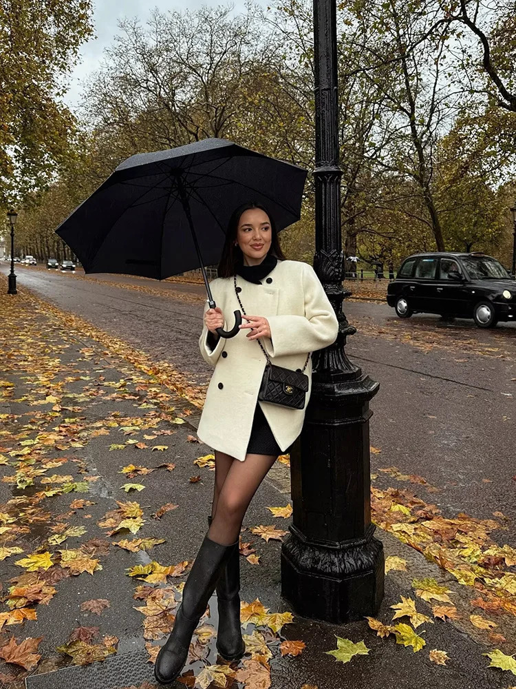 TRAF autumn and winter womens irregular double-breasted tweed jacket Elegant long-sleeved round neck jacket tops 241220