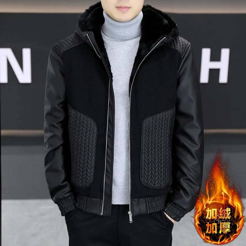 Winter Hooded Knitted Leather Jacket Men Thick Velvet Trendy Casual Leather Jacket Streetwear Social Coats Men Clothing 241216