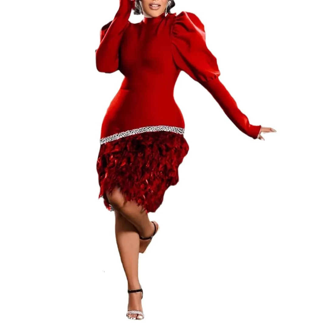 European and American fashion red lantern long-sleeved thin and tight niche feather jumpsuit mini dress for women 241216