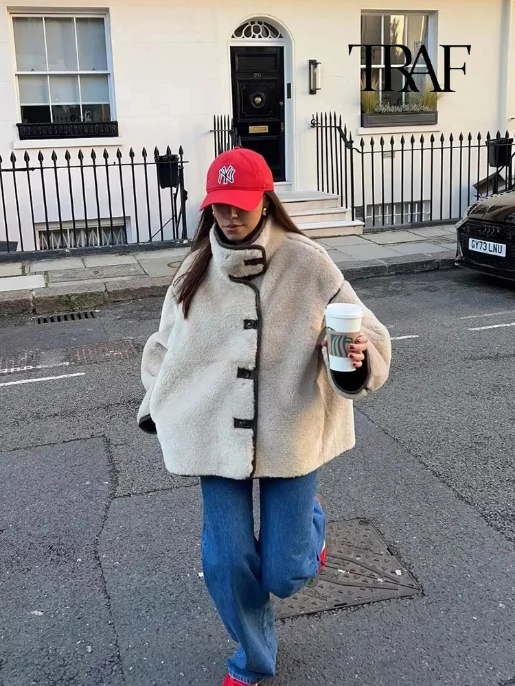 TRAF Womens Fashion Autumn and Winter Warm Teddy Bear Coat Patchwork O-neck Lamb Wool Coat Vintage Cowl Button Fleece Top 241220