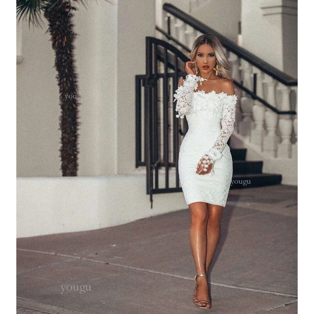 Fashion White Women Halter Party Dress Elegant Bateau Bodycon Dress Long Sleeve Off Shoulder Lace