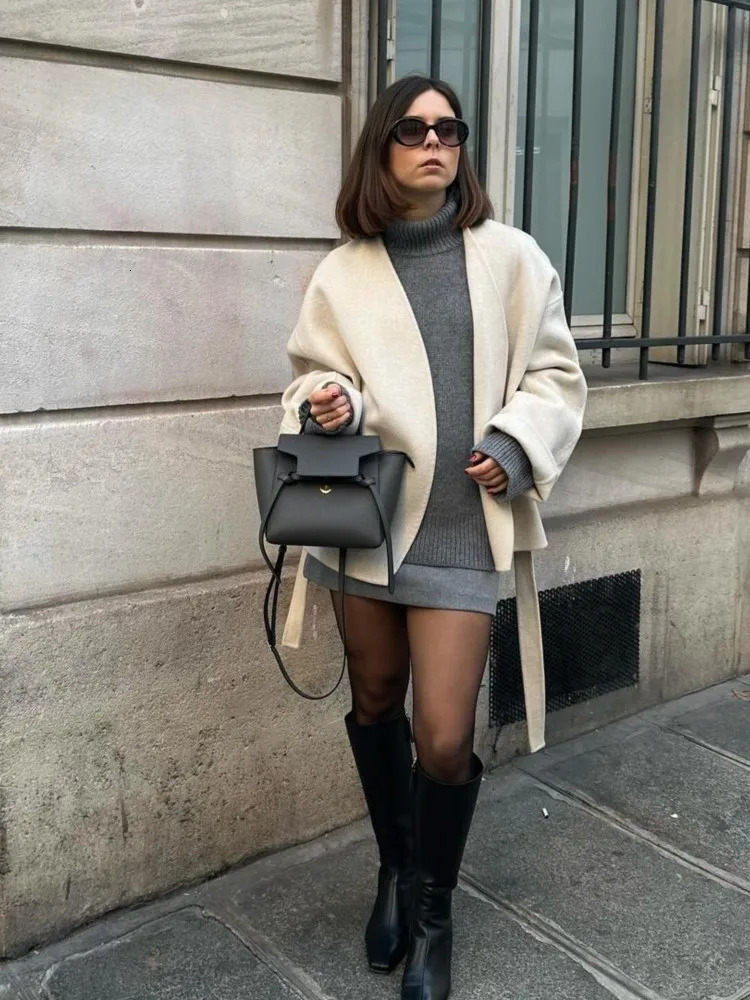 Collarless Belt Jacket Coat Lace-up Minimalism Beige Gentle Short Woolen Overcoat Waist Cinching Women Autumn Winter Overcoat 241220