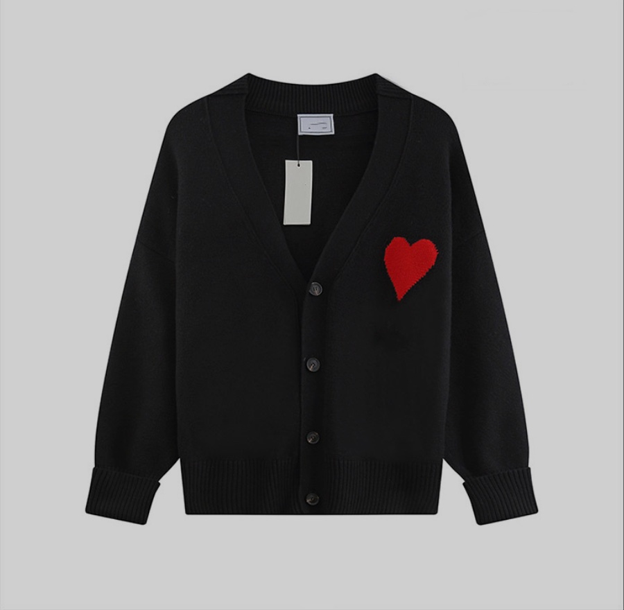 Trendy sweater heart-shaped jacquard V-neck knit sweater Men's and Women's loose lazy style cardigan jacket couple jacket