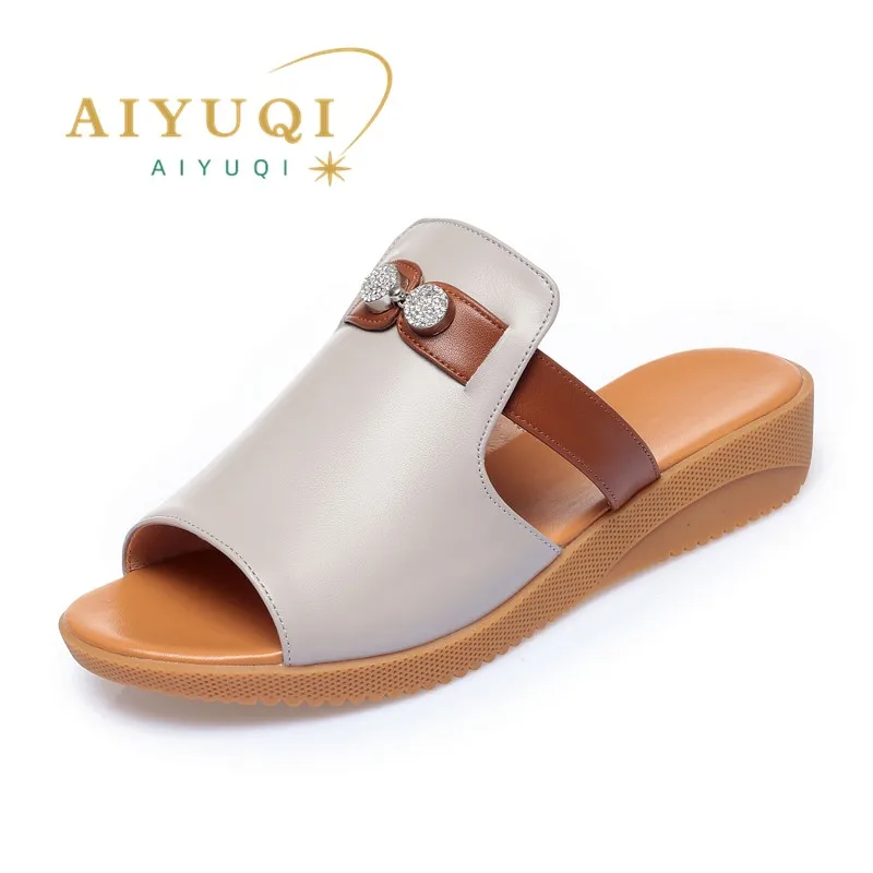 AIYUQI Women's Slippers Wedge Genuine Leather Women Summer Slippers Mom Large Size Anti-Slip Women Slippers