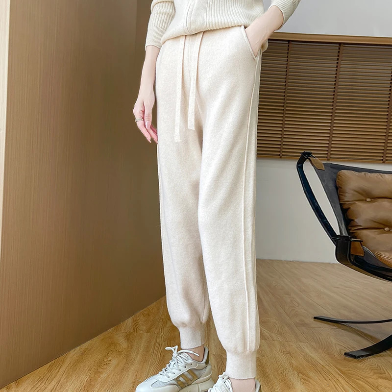 100% Merino Pure Wool Womens AutumnWinter Elastic Leg Binding Solid Color Loose And Warm Versatile Knitted Casual Pants Z260314