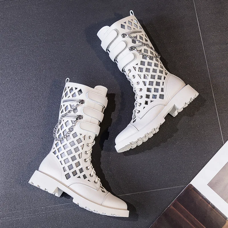 AIYUQI Women's Summer Shoes Big Size Hollow Hole Marton Boots Ladies Chain Fashion Street Punk Cool Boots Women