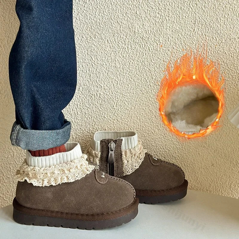 Winter Children Fur Suede Snow Boots Girls 2025 Fashion French Lace Edge Princess Boots Baby Warm Soft Flat Cotton Shoes 241219