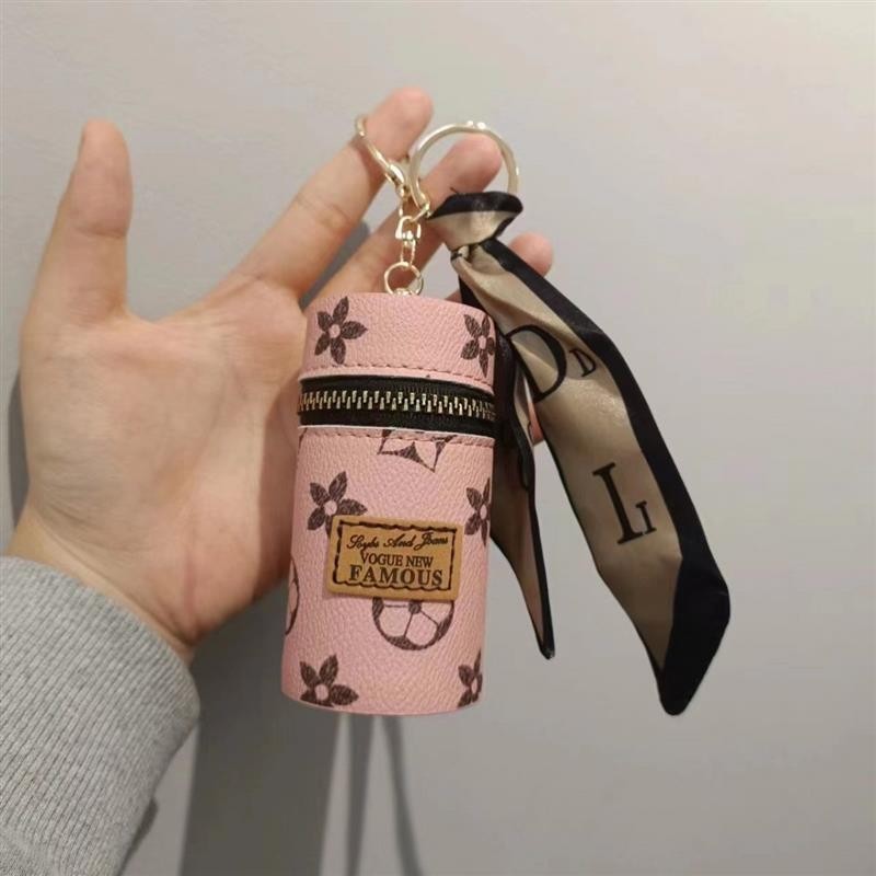 Luxury Design Brand Creative Travel Leather Keychain Pendant Lipstick Bag Holder Purse Key Chain Pouch Lipstick Keychain with Scarf 10 colors