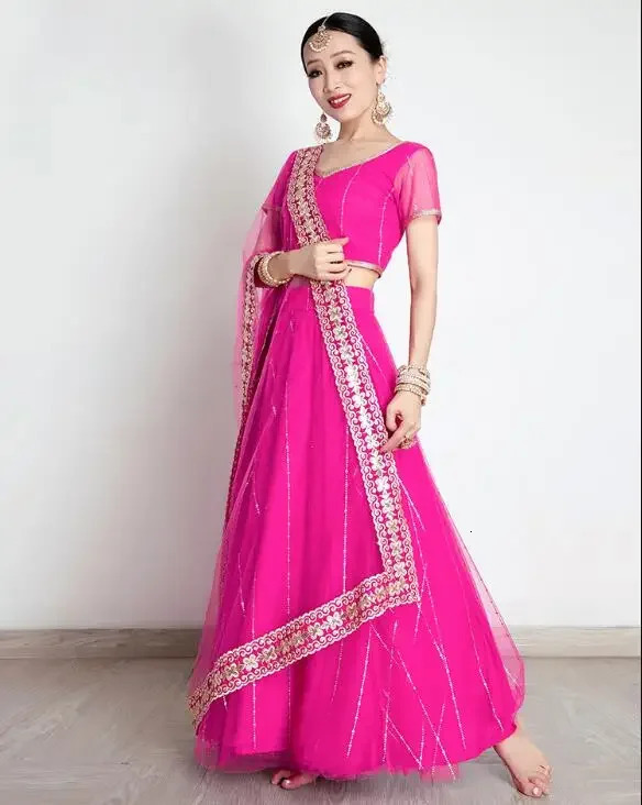 India Womens Saree Embroidery Georgette s Dance Stage Lehenga Suit Rose Red 241219