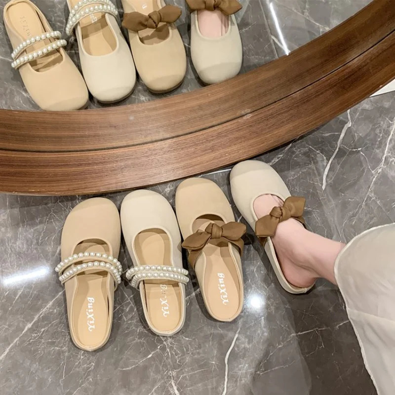 Fashion Bowknot Pearl Flat Bottom Baotou Half Slippers Women 2024 Summer Shallow Mouth Mary Jane Single Shoes Casual Slides 241220
