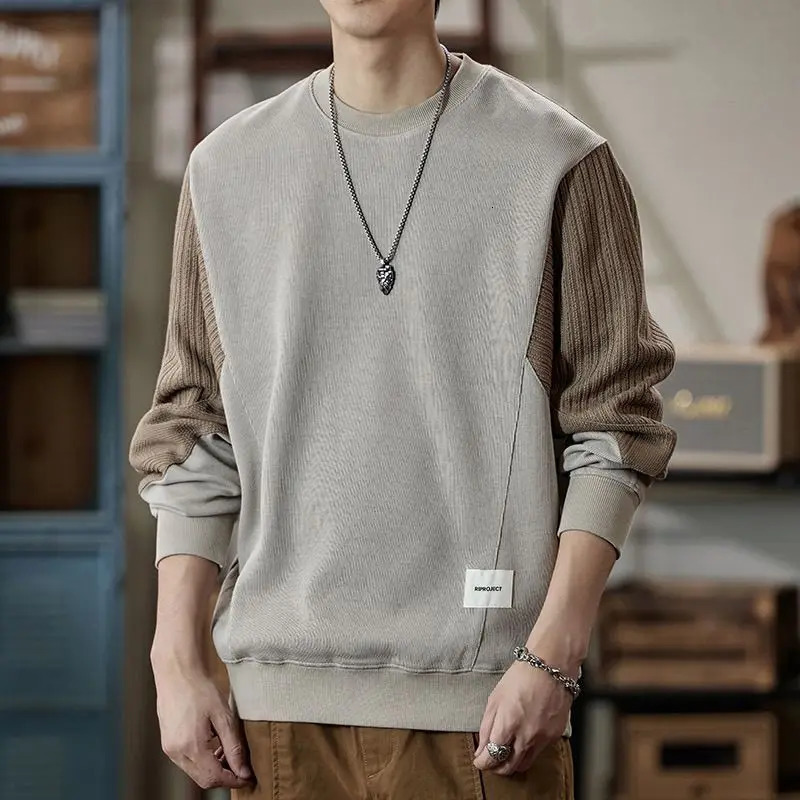 Mens Clothing Trendy Appliques Patchwork Simple Casual Sweatshirt Y2K Streetwear Round Neck Long Sleeve Loose Pullover Hoodies 241217