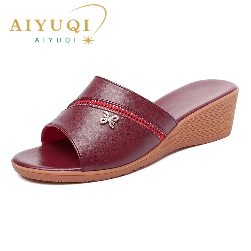 AIYUQI Women Slippers Large Size Wedge Mom Summer Slippers Casual Women Sandals One Line Slippers Ladies