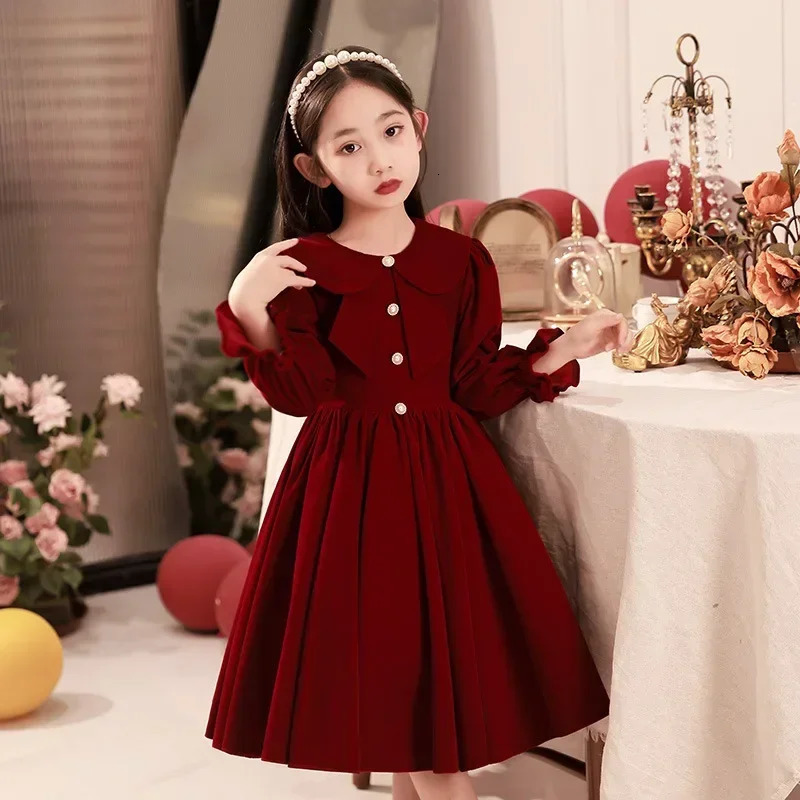 Girls Party Dress Winter Spring Children Birthday Clothes Thick Warm Plus Velvet Kids Formal Dresses for Girls Burgundy Red 241219