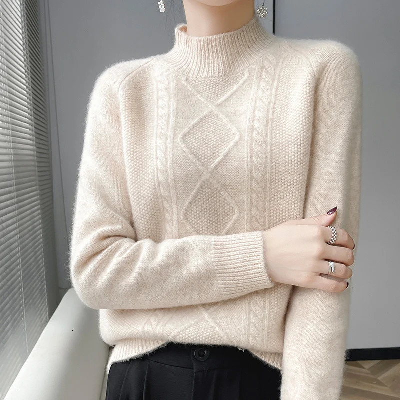 Diamond shape Autumn/Winter 100% Merino wool pullover Cashmere sweater Womens half turtleneck pullover warm bottomknitshirt 241217